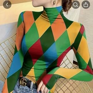 Colorful Geometric Patterned Women's Turtleneck stretchy Top